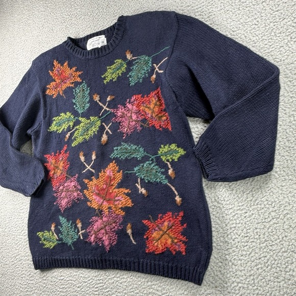Hand Knit Sweater Womens L Navy Blue Floral Heavy Pullover Heavy Grandma Boho - Picture 2 of 11